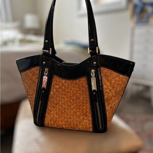 Etienne Aigner Black / Tan Tote with Woven Raffia and Patent Leather